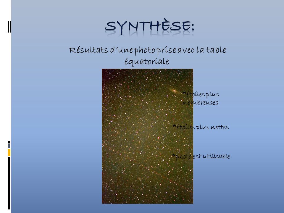 Synthèse: Résultats d’une photo prise avec la table équatoriale