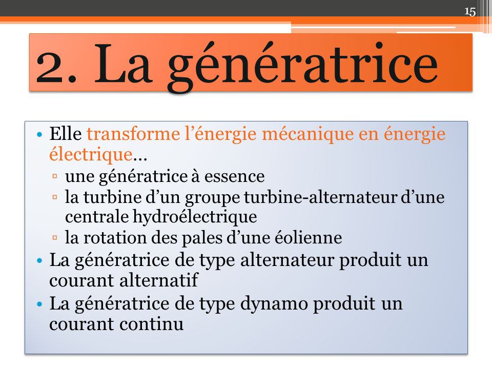 2. La génératrice Elle transforme l’énergie mécanique en énergie électrique… une génératrice à essence.