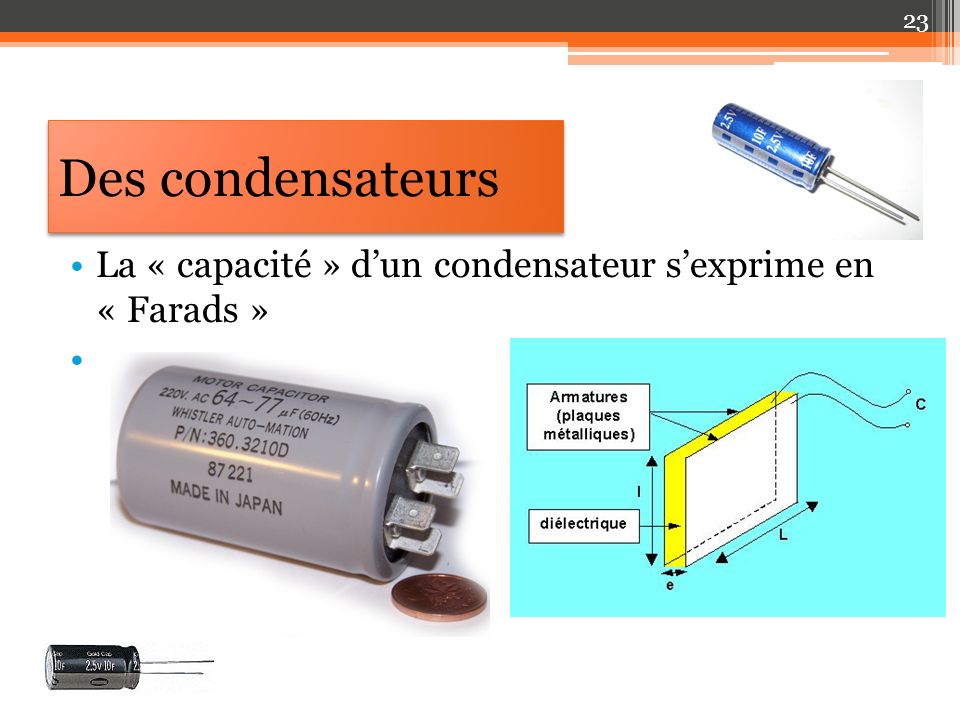 Des condensateurs La « capacité » d’un condensateur s’exprime en « Farads »