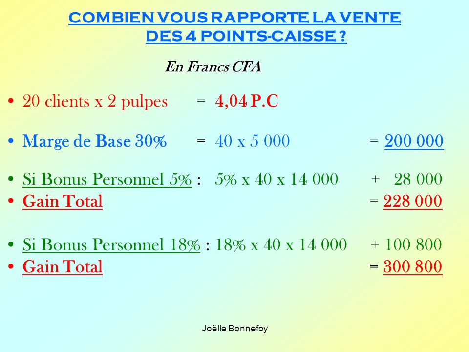 COMBIEN VOUS RAPPORTE LA VENTE DES 4 POINTS-CAISSE En Francs CFA