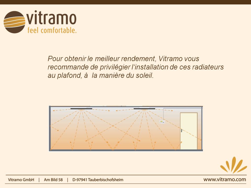 Pour obtenir le meilleur rendement, Vitramo vous recommande de privilégier l‘installation de ces radiateurs au plafond, à la manière du soleil.