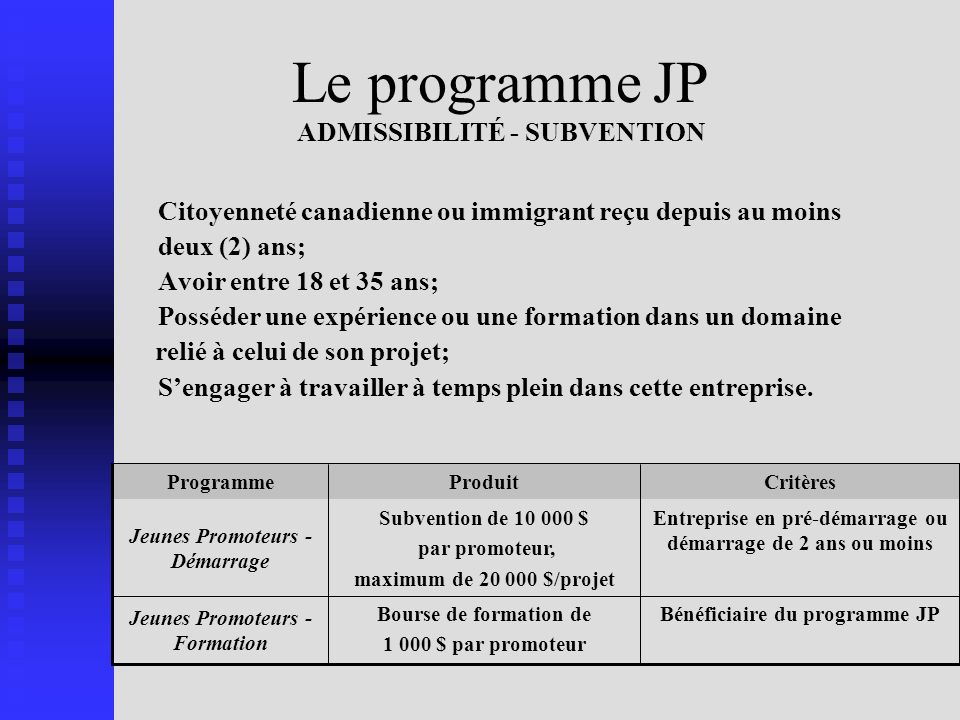 Le programme JP ADMISSIBILITÉ - SUBVENTION
