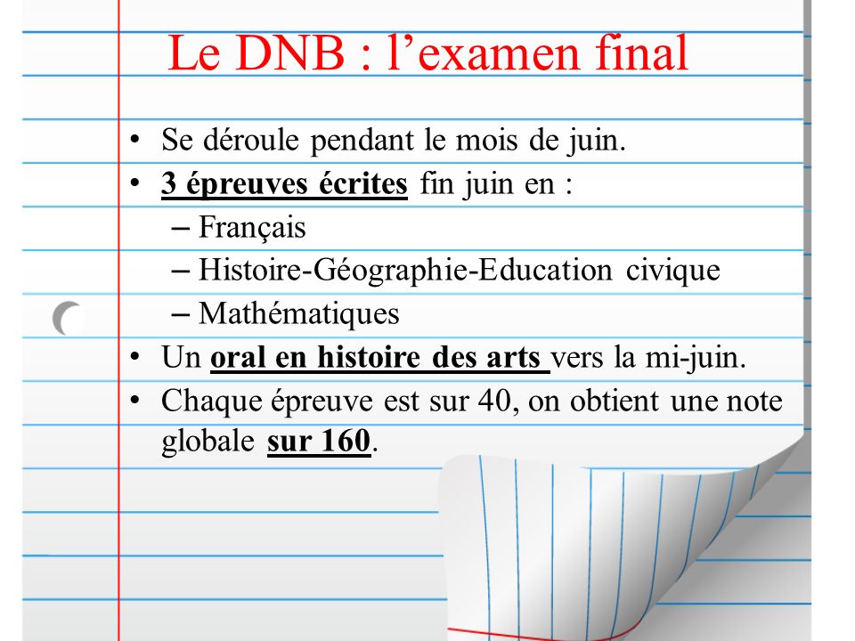 Le DNB : l’examen final Se déroule pendant le mois de juin.