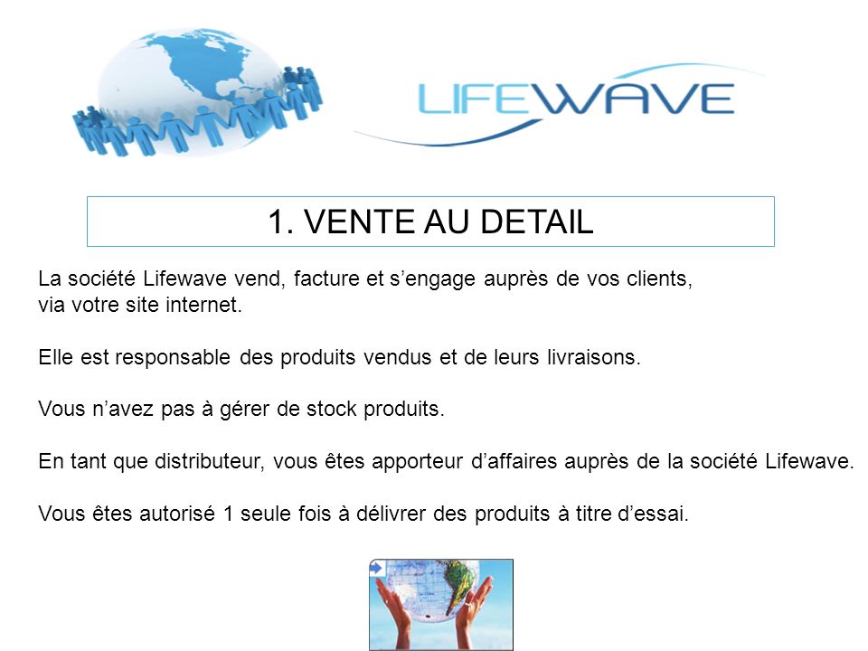 1. VENTE AU DETAIL La société Lifewave vend, facture et s’engage auprès de vos clients, via votre site internet.