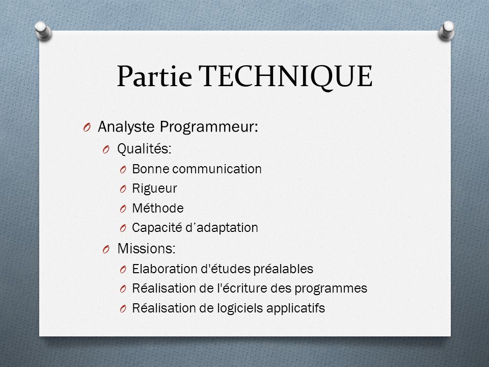 Partie TECHNIQUE Analyste Programmeur: Qualités: Missions: