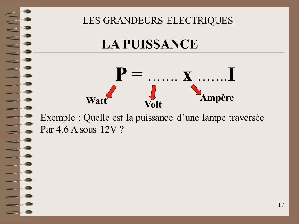 P = ……. x …….I LA PUISSANCE LES GRANDEURS ELECTRIQUES Ampère Watt Volt