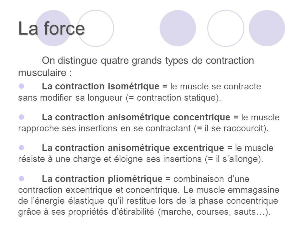 La force On distingue quatre grands types de contraction musculaire :
