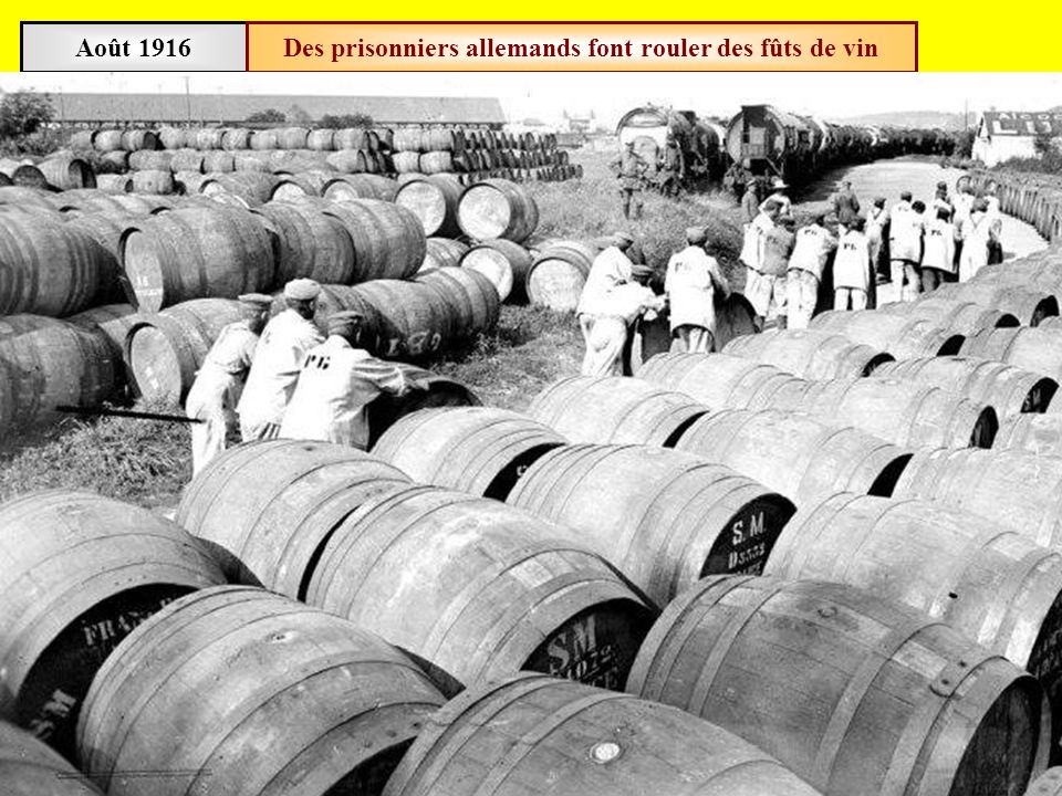 Des prisonniers allemands font rouler des fûts de vin