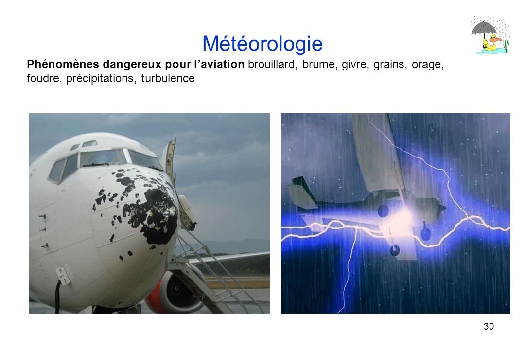 Météorologie Phénomènes dangereux pour l’aviation brouillard, brume, givre, grains, orage, foudre, précipitations, turbulence.