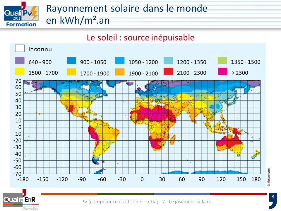 Rayonnement solaire dans le monde en kWh/m².an