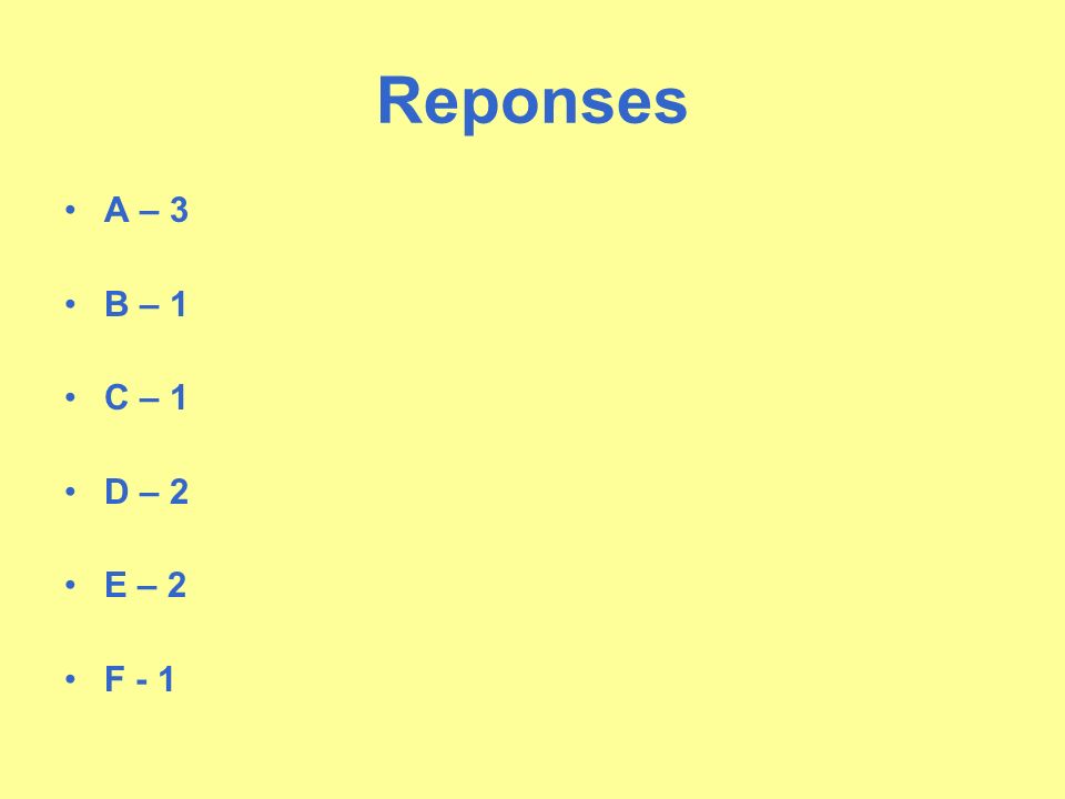 Reponses A – 3 B – 1 C – 1 D – 2 E – 2 F - 1