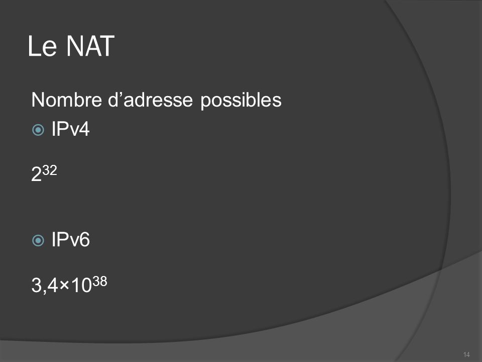 Le NAT Nombre d’adresse possibles IPv4 232 IPv6 3,4×1038