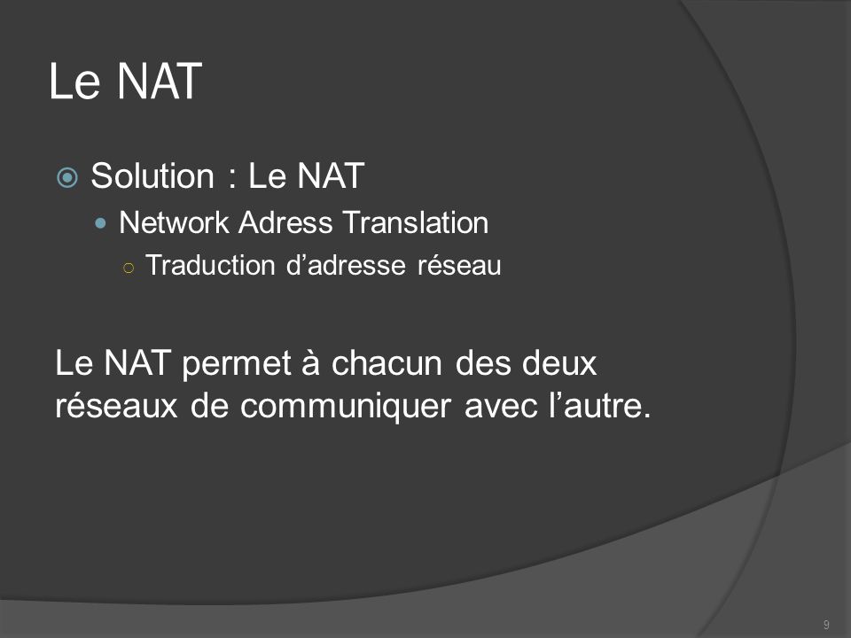 Le NAT Solution : Le NAT. Network Adress Translation. Traduction d’adresse réseau.