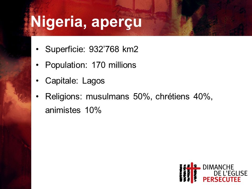 Nigeria, aperçu Superficie: 932’768 km2 Population: 170 millions