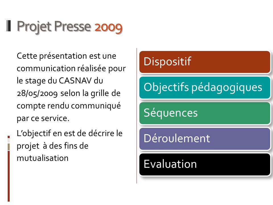 Projet Presse 2009 Dispositif. Séquences. Objectifs pédagogiques. Déroulement. Evaluation.