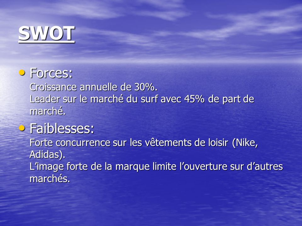 SWOT Forces: Croissance annuelle de 30%. Leader sur le marché du surf avec 45% de part de marché.