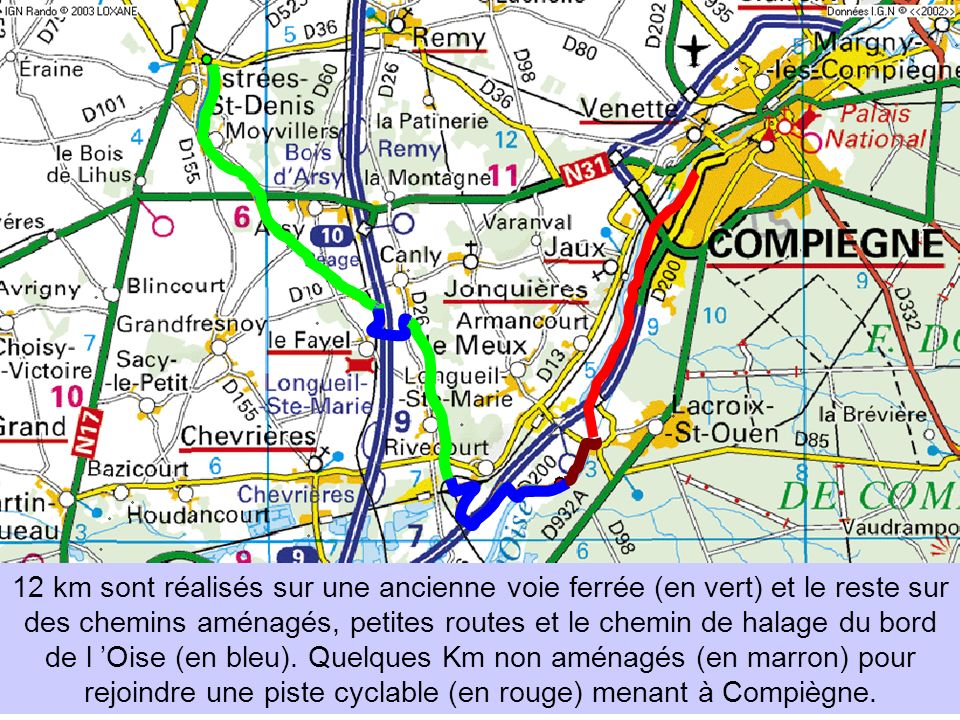 12 km sont réalisés sur une ancienne voie ferrée (en vert) et le reste sur des chemins aménagés, petites routes et le chemin de halage du bord de l ’Oise (en bleu).