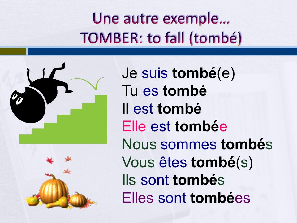 Une autre exemple… TOMBER: to fall (tombé)