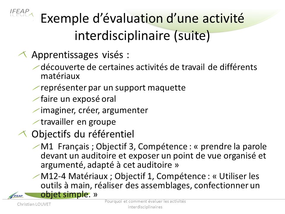 Exemple d’évaluation d’une activité interdisciplinaire (suite)