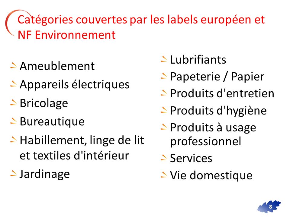Catégories couvertes par les labels européen et NF Environnement