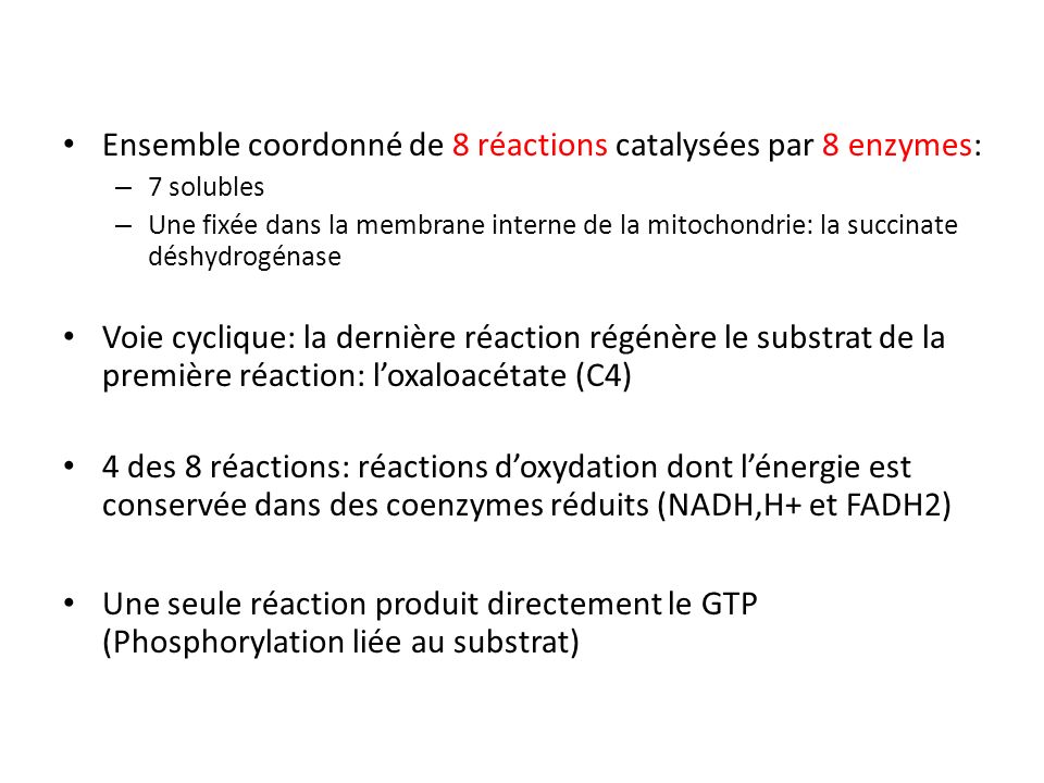 Ensemble coordonné de 8 réactions catalysées par 8 enzymes: