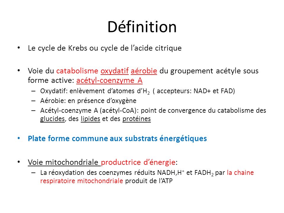 Définition Le cycle de Krebs ou cycle de l’acide citrique