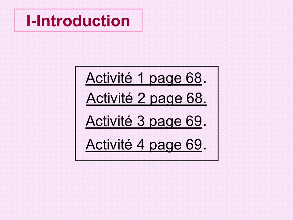 I-Introduction Activité 1 page 68. Activité 2 page 68.