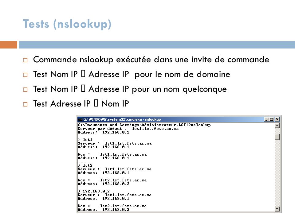 Tests (nslookup) Commande nslookup exécutée dans une invite de commande. Test Nom IP Æ Adresse IP pour le nom de domaine.