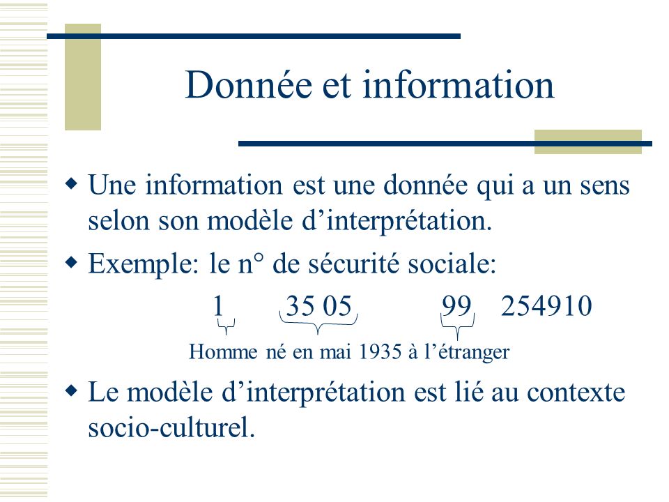 Donnée et information Une information est une donnée qui a un sens selon son modèle d’interprétation.
