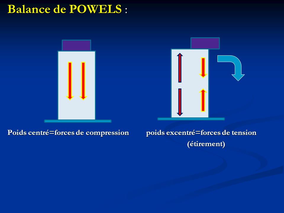 Balance de POWELS : Poids centré=forces de compression poids excentré=forces de tension.