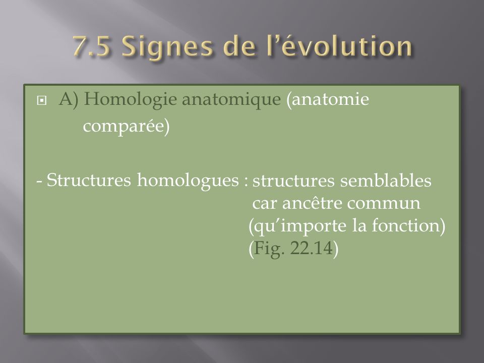 7.5 Signes de l’évolution A) Homologie anatomique (anatomie comparée)