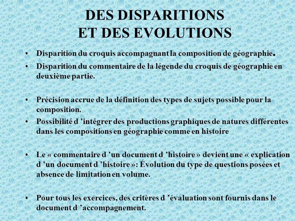 DES DISPARITIONS ET DES EVOLUTIONS