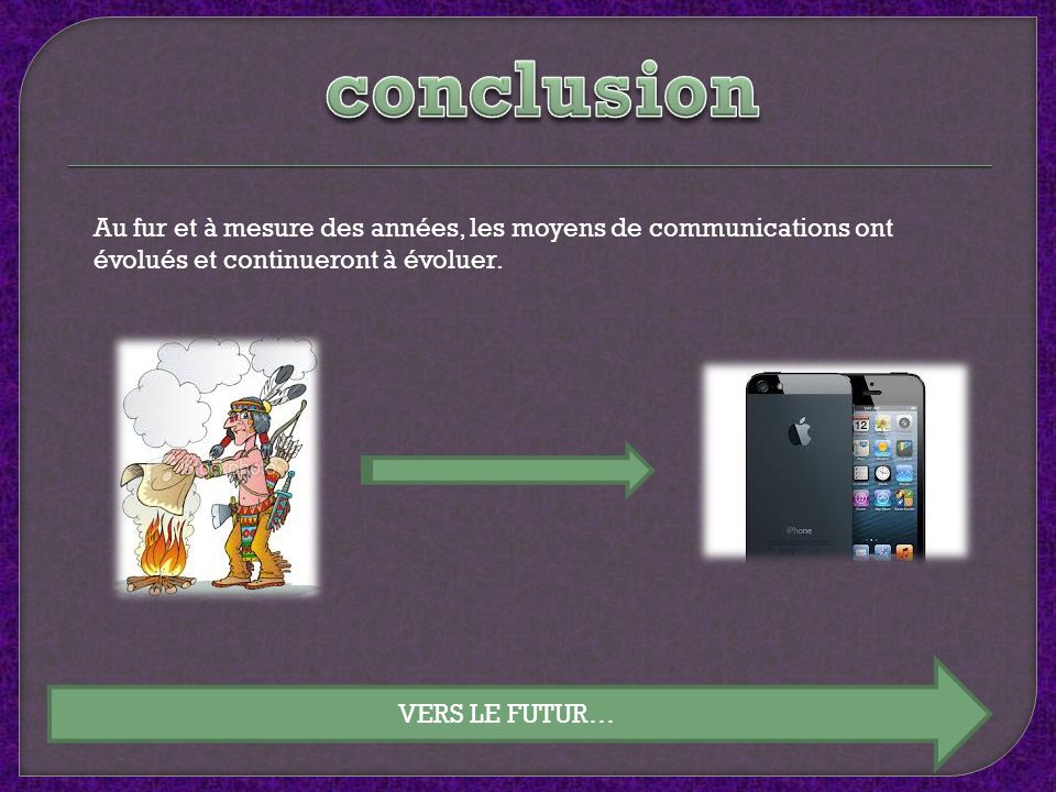 conclusion Au fur et à mesure des années, les moyens de communications ont évolués et continueront à évoluer.