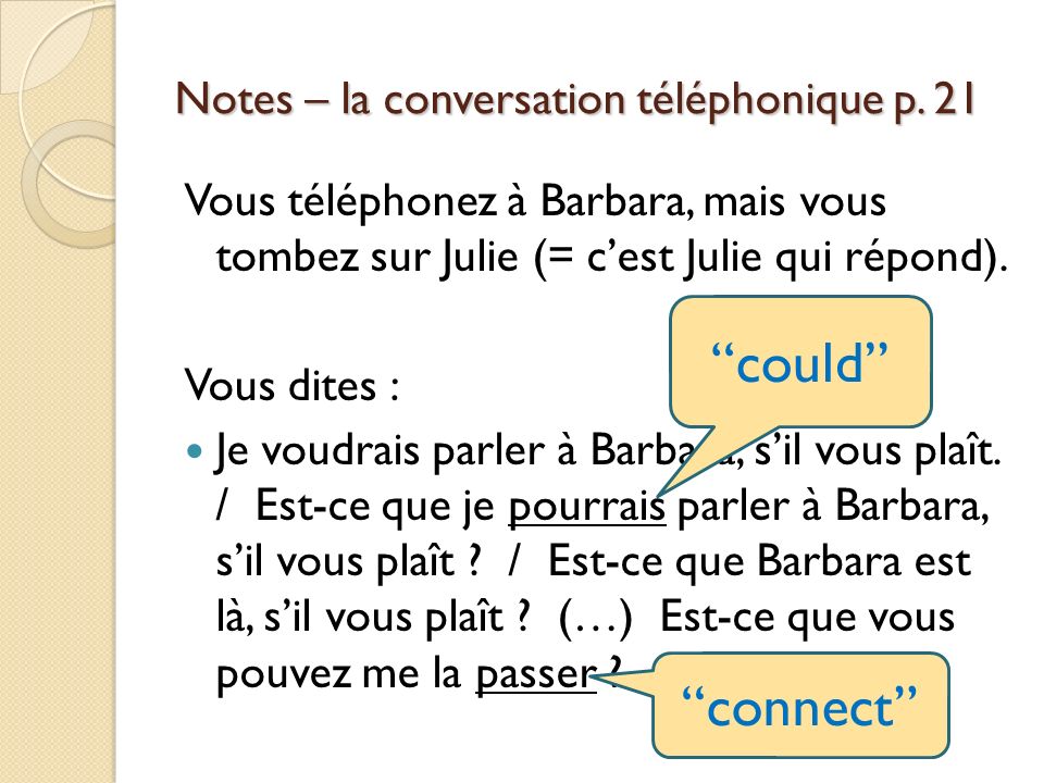 Notes – la conversation téléphonique p. 21