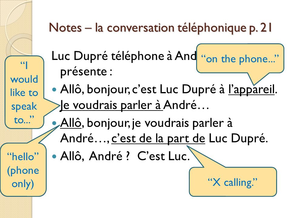 Notes – la conversation téléphonique p. 21