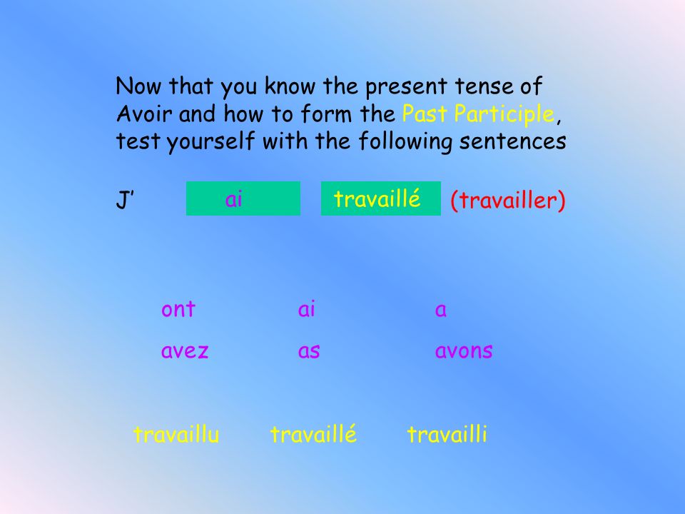 Now that you know the present tense of Avoir and how to form the Past Participle, test yourself with the following sentences