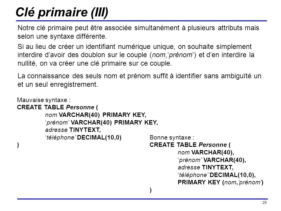 Clé primaire (III) Notre clé primaire peut être associée simultanément à plusieurs attributs mais selon une syntaxe différente.