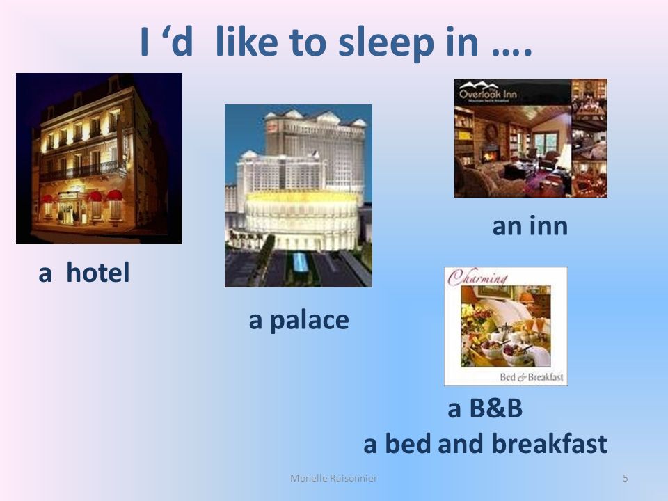 I ‘d like to sleep in …. an inn a hotel a palace a B&B