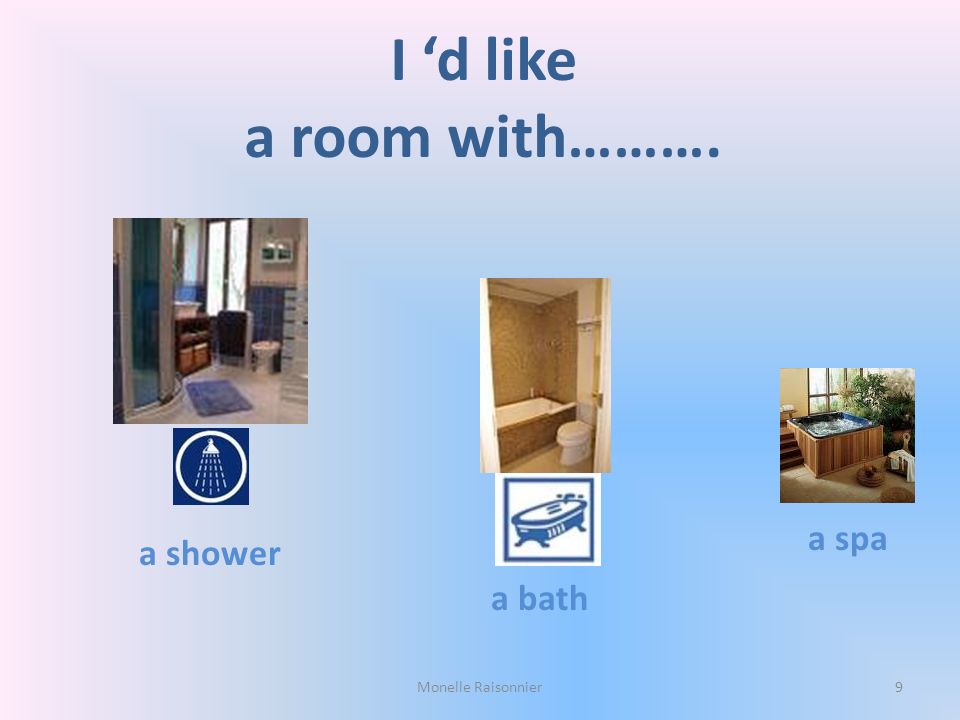 I ‘d like a room with………. a spa a shower a bath Monelle Raisonnier