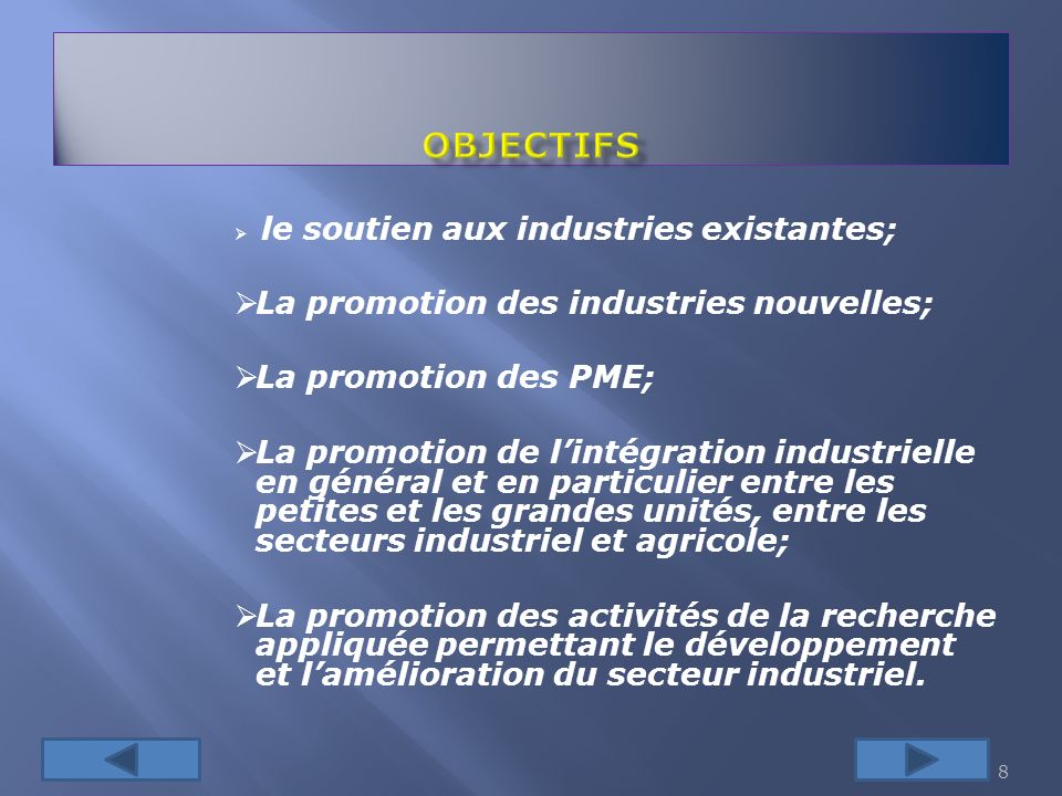 OBJECTIFS La promotion des industries nouvelles; La promotion des PME;