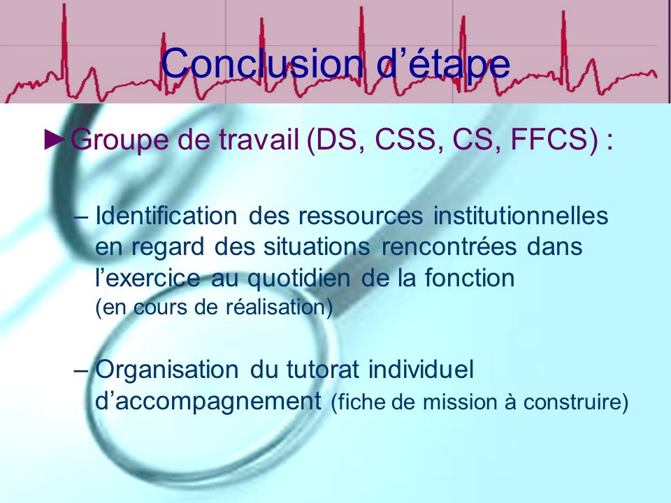 Conclusion d’étape Groupe de travail (DS, CSS, CS, FFCS) :