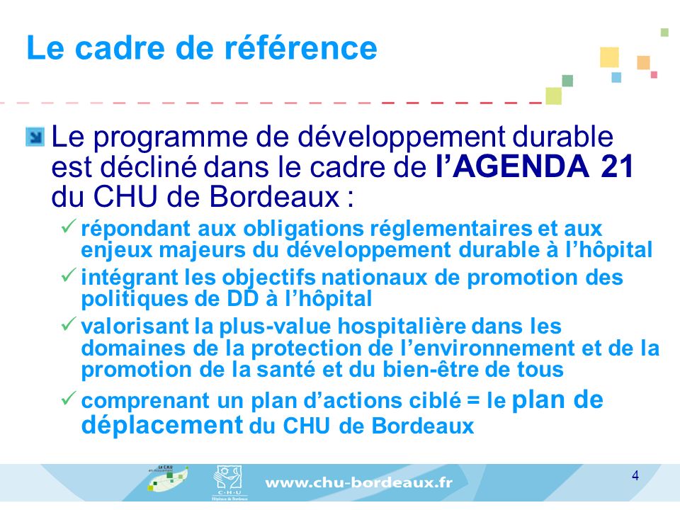 Le cadre de référence Le programme de développement durable est décliné dans le cadre de l’AGENDA 21 du CHU de Bordeaux :