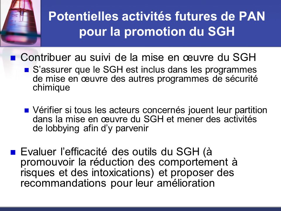 Potentielles activités futures de PAN pour la promotion du SGH