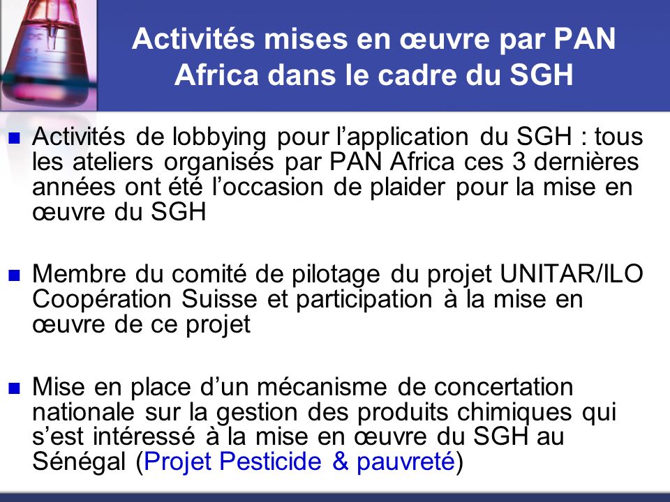 Activités mises en œuvre par PAN Africa dans le cadre du SGH