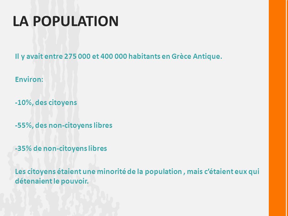 La population Il y avait entre et habitants en Grèce Antique. Environ: -10%, des citoyens.