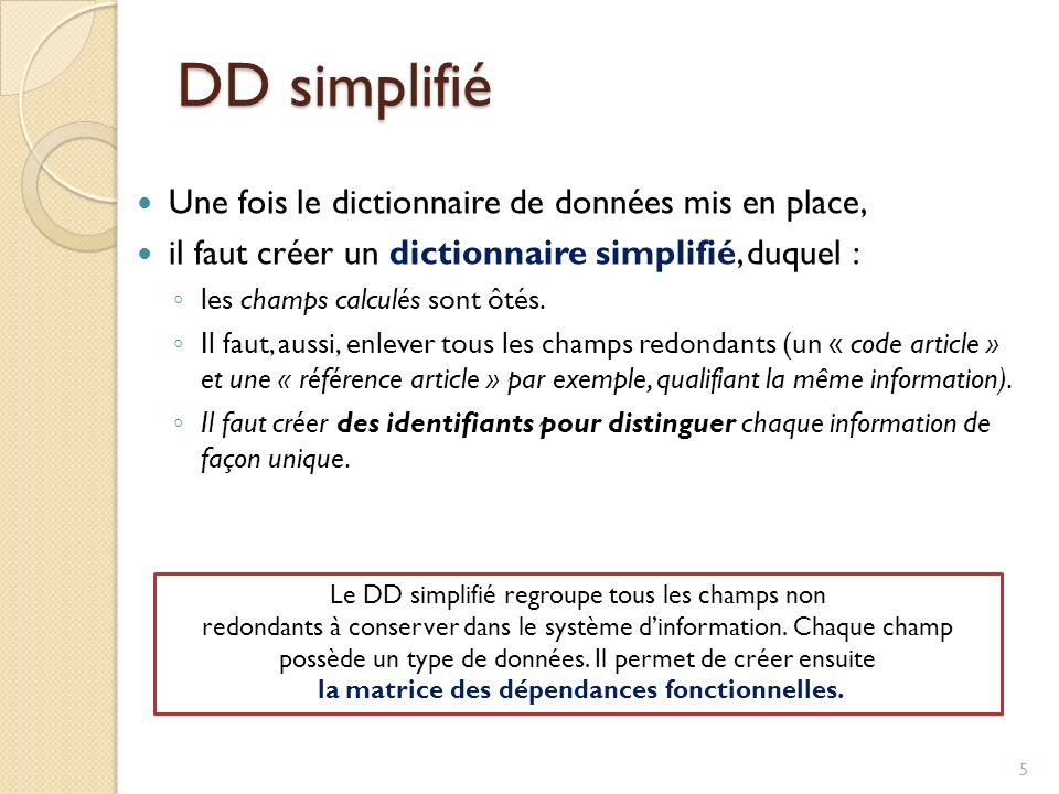 DD simplifié Une fois le dictionnaire de données mis en place,