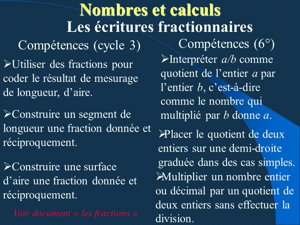 Nombres et calculs Les écritures fractionnaires Compétences (6°)