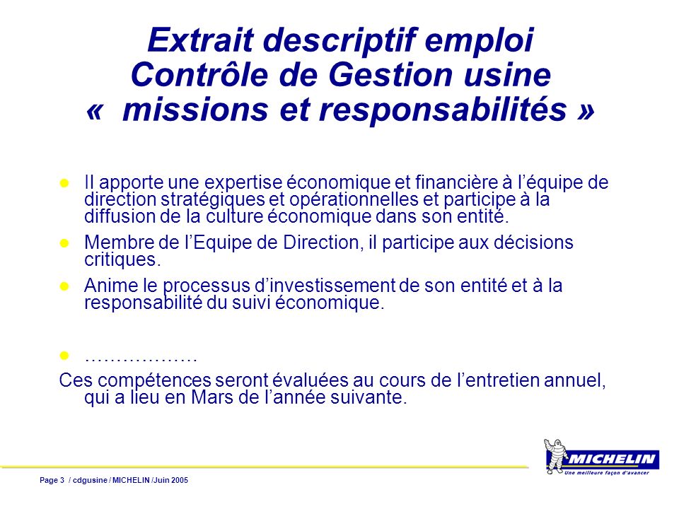 Extrait descriptif emploi Contrôle de Gestion usine « missions et responsabilités »