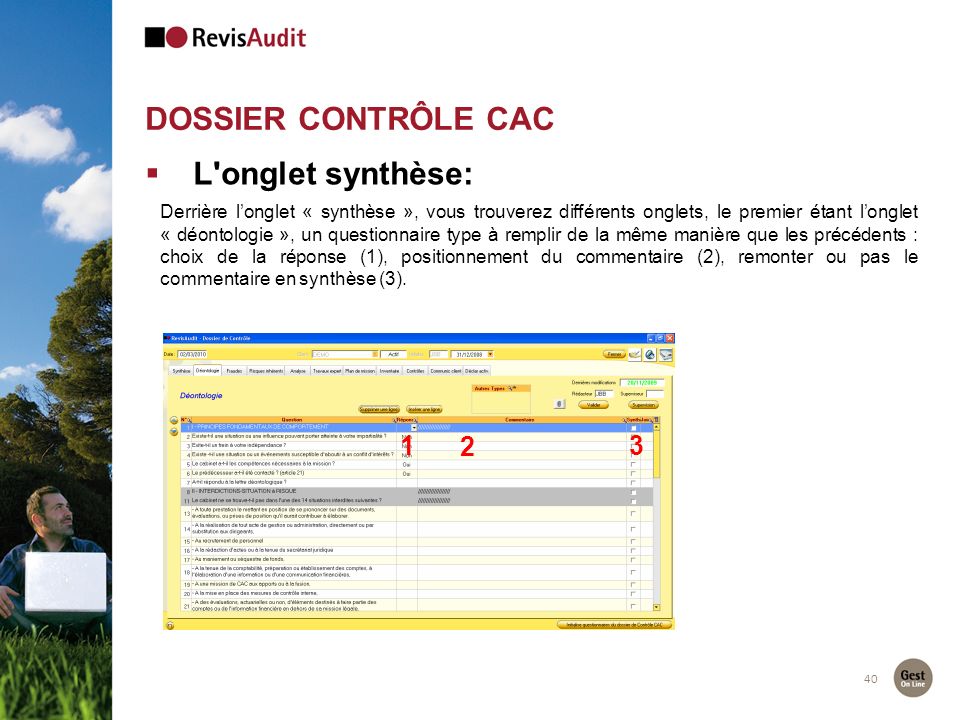 DOSSIER CONTRÔLE CAC L onglet synthèse: 1 2 3