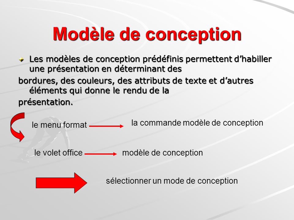 Modèle de conception Les modèles de conception prédéfinis permettent d’habiller une présentation en déterminant des.